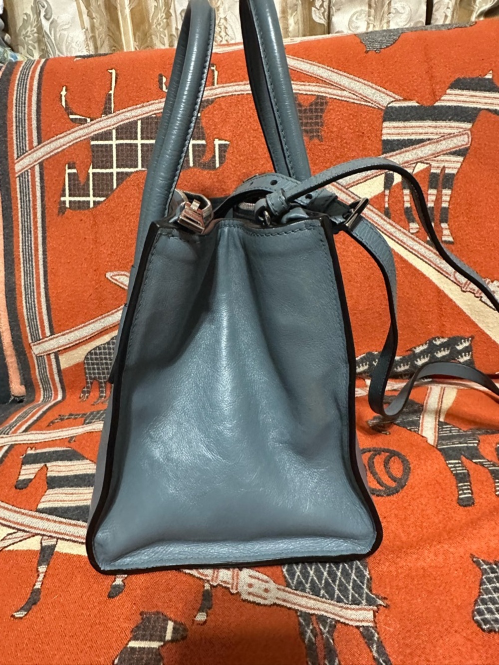 PRADA ❤️🌟 BLUE-GRAY LEATHER TOP-HANDLE SARCHEL W/ DETACHABLE LONG STRAP⭐️ - Picture 4 of 11